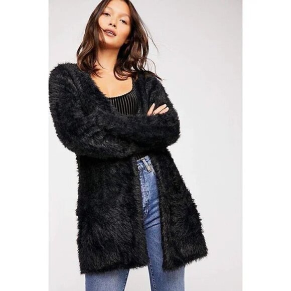 Free People Faux-Fur Open-Front Cardigan, Black, Size XS - Picture 1 of 10